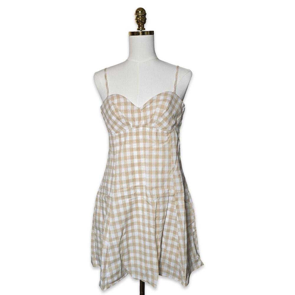 Promesa Gingham Mini Dress Small Tan White Plaid Bustier Fit Flare Cottage NWT